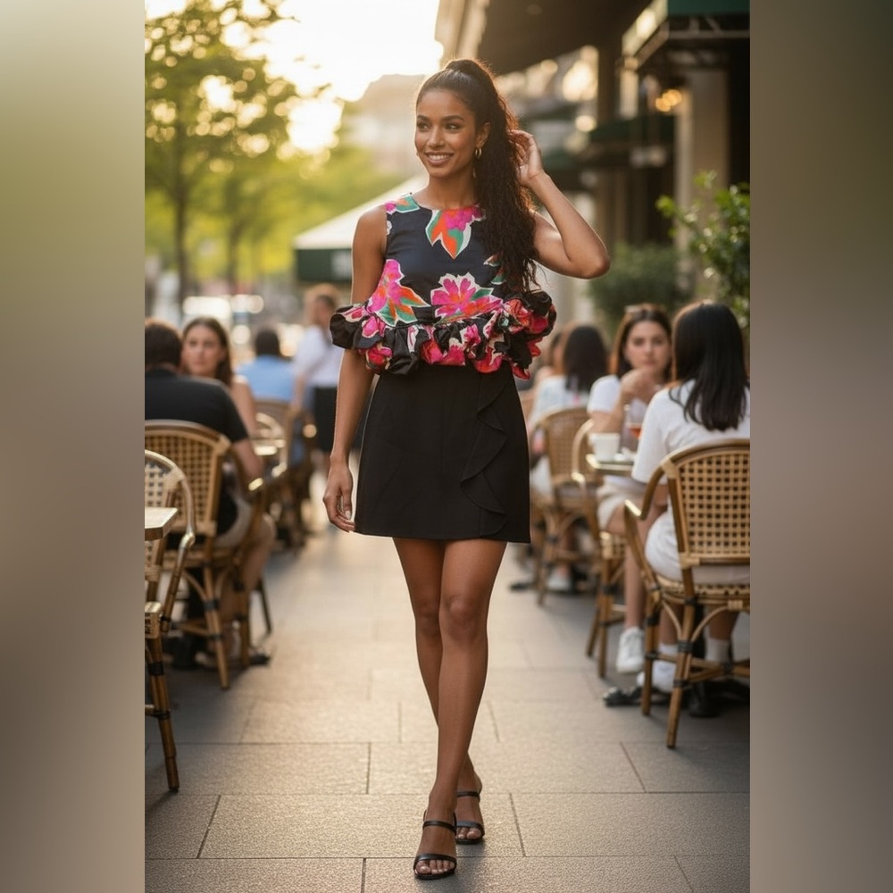 Entro Bold Floral Party Top Ruffle Hem Sleeveless